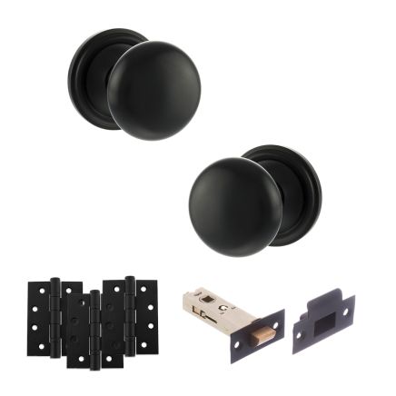 Old English Harrogate Door Knob Pack (Latch Set - 4" HD Latch, 4" Fire Rated Hinges x3) - Matt Black