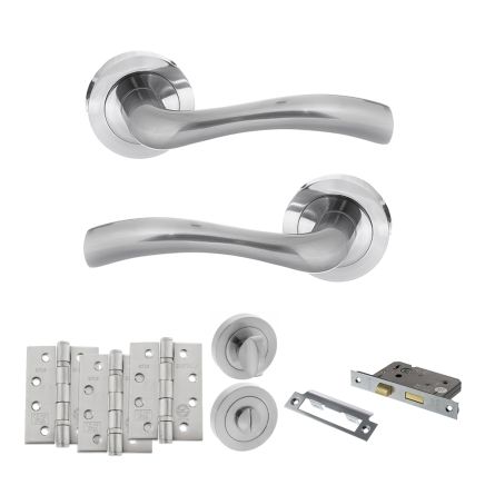 STATUS Texas Door Handle Pack (Bathroom Set - 3" CE Bathroom Lock, 4" Fire Rated Hinges x3) - Satin Chrome