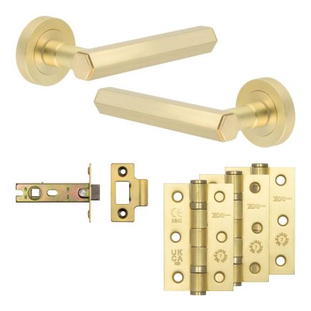 Complete Hex Door Handle Pack - Internal Doors - Satin Brass - 76mm / 3-inch Hinges - JE-C3B-SB