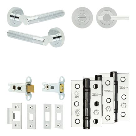 Complete Venice Door Handle Pack - Heavy Duty Tubular Bathroom (Plain Thumb Turn) - Polished Chrome - 64mm / 3-inch Hinges - JE-F30B2-PC