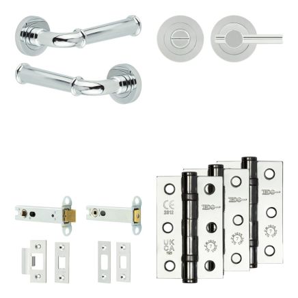 Complete Classic Door Handle Pack - Heavy Duty Tubular Bathroom (Plain Thumb Turn) - Polished Chrome - 102mm / 3-inch Hinges - JE-A32B2-PC