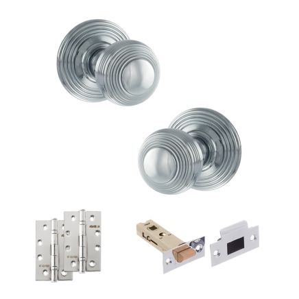 Old English Ripon Door Knob Pack (Latch Set - 3" HD Latch, 4" Slim Knuckle Hinges x2) - Polished Chrome