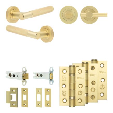 Complete Bari Door Handle Pack - Heavy Duty Tubular Bathroom (Knurled Thumb Turn) - Satin Brass - 76mm / 3-inch Hinges - JE-D31B1-SB