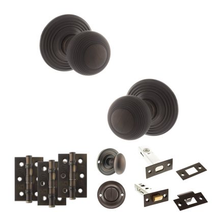 Old English Ripon Door Knob Pack (Bathroom Set - 3" Deadbolt, 3" Fire Rated Hinges x3) - Urban Dark Bronze