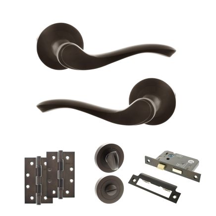 Old English Warwick Door Handle Pack (Bathroom Set - 2.5" CE Bathroom Lock, 4" Slim Knuckle Hinges x2) - Urban Dark Bronze