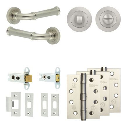 Complete Classic Door Handle Pack - Heavy Duty Tubular Bathroom (Standard Thumb Turn) - Satin Nickel - 64mm / 4-inch Hinges - JE-A30A3-SN
