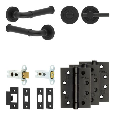 Complete Classic Door Handle Pack - Heavy Duty Tubular Bathroom (Plain Thumb Turn) - Matt Black - 64mm / 4-inch Hinges - JE-A30A2-MB