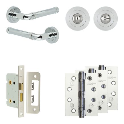 Complete Midtown Door Handle Pack - Bathroom Lock (Standard Thumb Turn) - Polished Chrome - 65mm / 4-inch Hinges - JE-G5A3-PC
