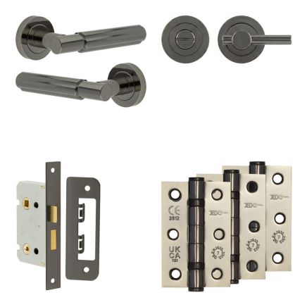 Complete Bloom Door Handle Pack - Bathroom Lock (Plain Thumb Turn) - Black Nickel - 65mm / 3-inch Hinges - JE-B5B2-BN