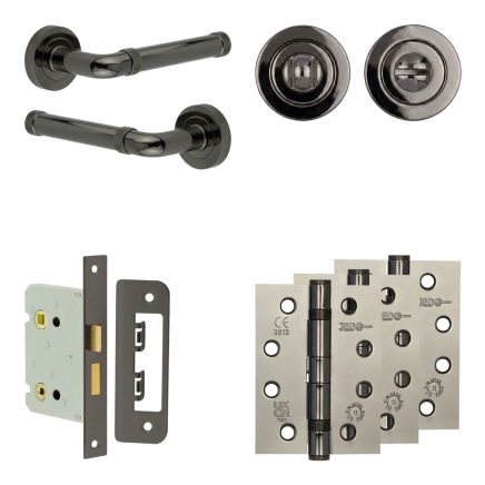 Complete Midtown Door Handle Pack - Bathroom Lock (Standard Thumb Turn) - Black Nickel - 76mm / 4-inch Hinges - JE-G6A3-BN
