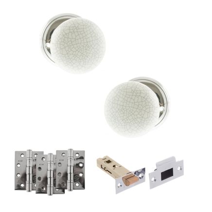 Old English Skipton Door Knob Pack (Latch Set - 3" HD Latch, 4" Fire Rated Hinges x3) - Polished Chrome