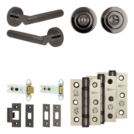 Complete Venice Door Handle Pack - Heavy Duty Tubular Bathroom (Standard Thumb Turn) - Black Nickel - 76mm / 3-inch Hinges - JE-F31B3-BN