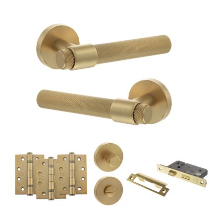 Senza Pari Andretta Door Handle Pack (Bathroom Set - 2.5" CE Bathroom Lock, 4" Fire Rated Hinges x3) - Satin Brass
