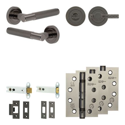 Complete Bari Door Handle Pack - Heavy Duty Tubular Bathroom (Knurled Thumb Turn) - Black Nickel - 102mm / 4-inch Hinges - JE-D32A1-BN