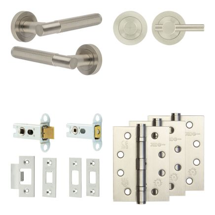 Complete Bari Door Handle Pack - Heavy Duty Tubular Bathroom (Knurled Thumb Turn) - Satin Nickel - 64mm / 4-inch Hinges - JE-D30A1-SN