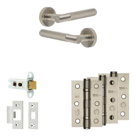 Complete Bari Door Handle Pack - Heavy Duty Latch - Satin Nickel - 64mm / 3-inch Hinges - JE-D20B-SN