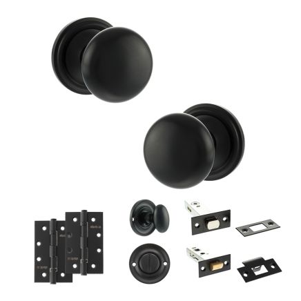 Old English Harrogate Door Knob Pack (Bathroom Set - 3" Deadbolt, 4" Slim Knuckle Hinges x2) - Matt Black