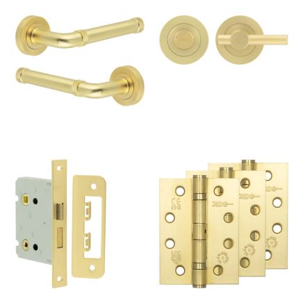 Complete Midtown Door Handle Pack - Bathroom Lock (Knurled Thumb Turn) - Satin Brass - 76mm / 4-inch Hinges - JE-G6A1-SB