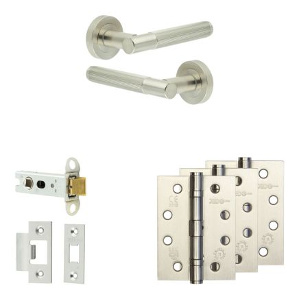 Complete Venice Door Handle Pack - Heavy Duty Latch - Satin Nickel - 76mm / 4-inch Hinges - JE-F21A-SN