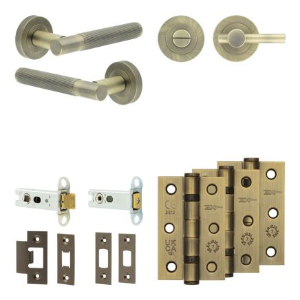 Complete Venice Door Handle Pack - Heavy Duty Tubular Bathroom (Plain Thumb Turn) - Antique Brass - 76mm / 3-inch Hinges - JE-F31B2-AB