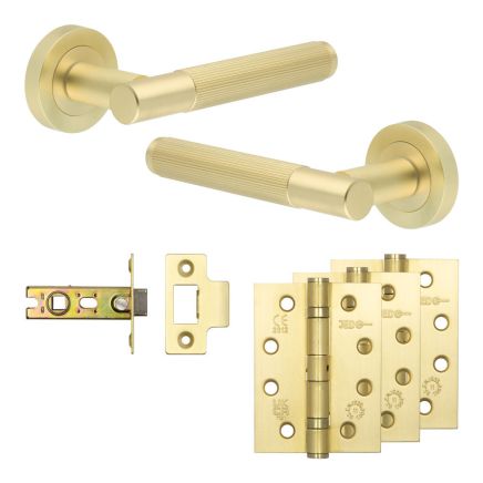 Complete Venice Door Handle Pack - Internal Doors - Satin Brass - 64mm / 4-inch Hinges - JE-F1A-SB