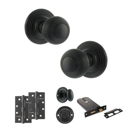 Old English Ripon Door Knob Pack (Lock Set - Horizontal Bathlock, 4" Slim Knuckle Hinges x2) - Matt Black