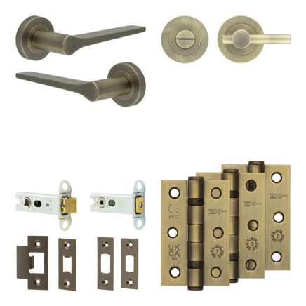 Complete Gio Door Handle Pack - Heavy Duty Tubular Bathroom (Plain Thumb Turn) - Antique Brass - 76mm / 3-inch Hinges - JE-E31B2-AB