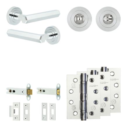 Complete Hex Door Handle Pack - Heavy Duty Tubular Bathroom (Standard Thumb Turn) - Polished Chrome - 102mm / 4-inch Hinges - JE-C32A3-PC