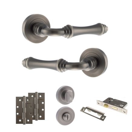 Old English Durham Door Handle Pack (Bathroom Set - 2.5" CE Bathroom Lock, 4" Slim Knuckle Hinges x2) - Matt Gun Metal
