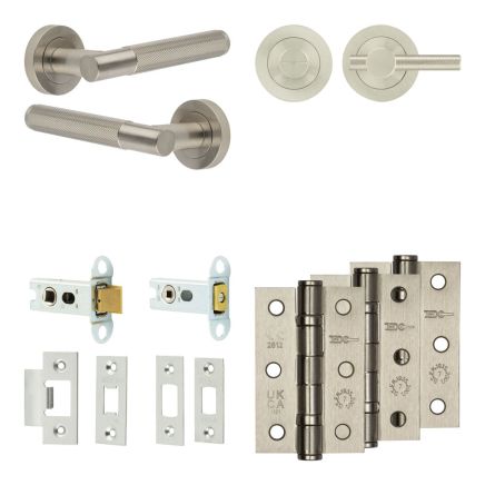 Complete Bari Door Handle Pack - Heavy Duty Tubular Bathroom (Knurled Thumb Turn) - Satin Nickel - 64mm / 3-inch Hinges - JE-D30B1-SN
