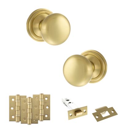 Old English Harrogate Door Knob Pack (Latch Set - 3" HD Latch, 3" Fire Rated Hinges x3) - Satin Brass