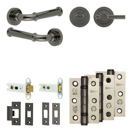 Complete Classic Door Handle Pack - Heavy Duty Tubular Bathroom (Plain Thumb Turn) - Black Nickel - 76mm / 3-inch Hinges - JE-A31B2-BN