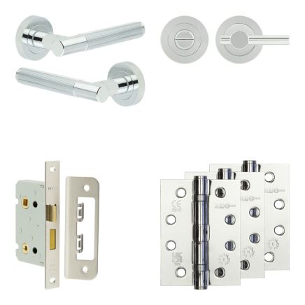 Complete Venice Door Handle Pack - Bathroom Lock (Plain Thumb Turn) - Polished Chrome - 65mm / 4-inch Hinges - JE-F5A2-PC