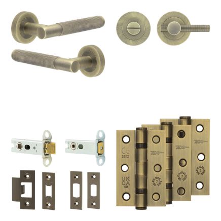 Complete Bari Door Handle Pack - Heavy Duty Tubular Bathroom (Knurled Thumb Turn) - Antique Brass - 76mm / 3-inch Hinges - JE-D31B1-AB
