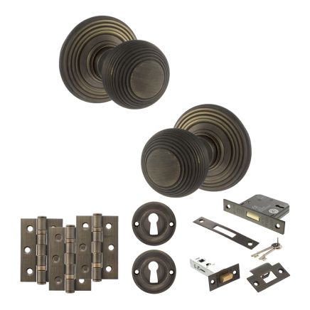 Old English Ripon Door Knob Pack (Lock Set - 3" Latch & Deadlock, 3" Fire Rated Hinges x3) - Urban Bronze