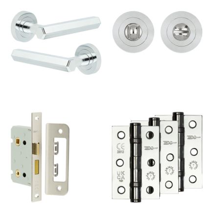 Complete Hex Door Handle Pack - Bathroom Lock (Standard Thumb Turn) - Polished Chrome - 65mm / 3-inch Hinges - JE-C5B3-PC