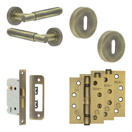 Complete Bloom Door Handle Pack - Sashlock - Antique Brass - 65mm / 4-inch Hinges - JE-B7A8-AB