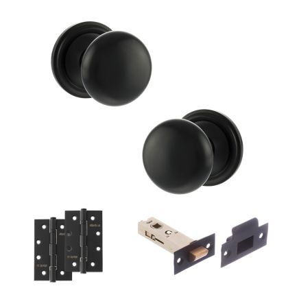 Old English Harrogate Door Knob Pack (Latch Set - 3" HD Latch, 4" Slim Knuckle Hinges x2) - Matt Black