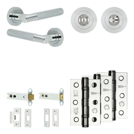 Complete Bari Door Handle Pack - Heavy Duty Tubular Bathroom (Standard Thumb Turn) - Polished Chrome - 102mm / 3-inch Hinges - JE-D32B3-PC