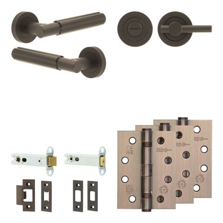 Complete Bloom Door Handle Pack - Heavy Duty Tubular Bathroom (Plain Thumb Turn) - Dark Bronze - 102mm / 4-inch Hinges - JE-B32A2-DB