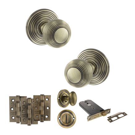 Old English Ripon Door Knob Pack (Lock Set - Horizontal Bathlock, 3" Fire Rated Hinges x3) - Antique Brass
