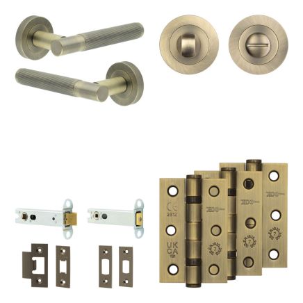 Complete Venice Door Handle Pack - Heavy Duty Tubular Bathroom (Standard Thumb Turn) - Antique Brass - 102mm / 3-inch Hinges - JE-F32B3-AB