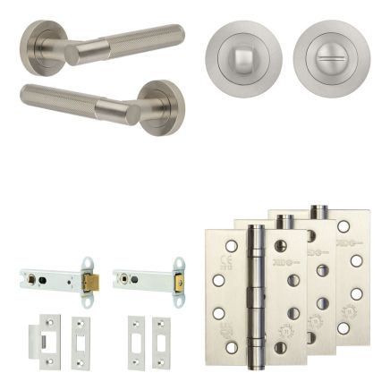 Complete Bari Door Handle Pack - Heavy Duty Tubular Bathroom (Standard Thumb Turn) - Satin Nickel - 102mm / 4-inch Hinges - JE-D32A3-SN