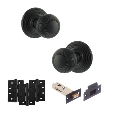 Old English Ripon Door Knob Pack (Latch Set - 3" HD Latch, 4" Fire Rated Hinges x3) - Matt Black