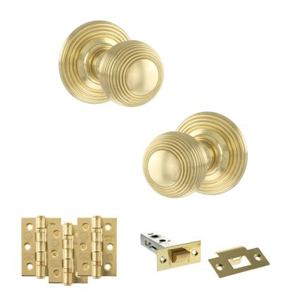 Old English Ripon Door Knob Pack (Latch Set - 3" HD Latch, 3" Fire Rated Hinges x3) - Polished Brass