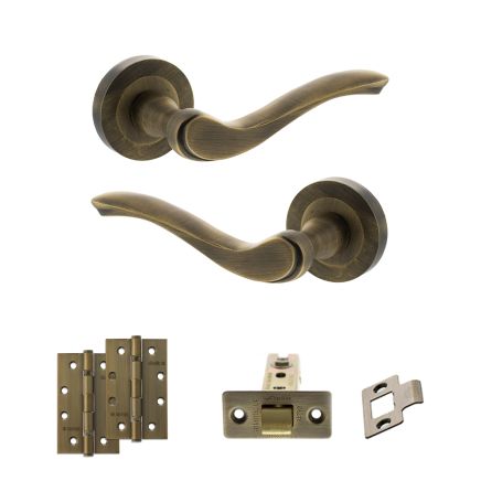 Old English Warwick Door Handle Pack (Latch Set - 3" CE Latch, 4" Slim Knuckle Hinges x2) - Matt Antique Brass