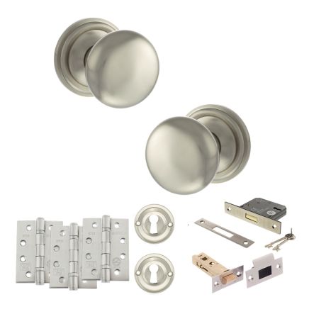 Old English Harrogate Door Knob Pack (Lock Set - 3" Latch & Deadlock, 4" Fire Rated Hinges x3) - Satin Nickel
