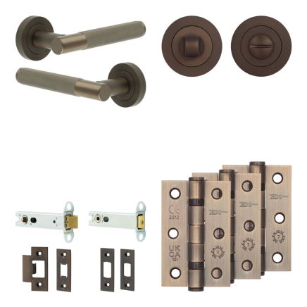 Complete Bari Door Handle Pack - Heavy Duty Tubular Bathroom (Standard Thumb Turn) - Dark Bronze - 102mm / 3-inch Hinges - JE-D32B3-DB
