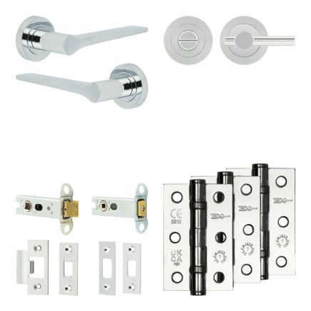 Complete Gio Door Handle Pack - Heavy Duty Tubular Bathroom (Plain Thumb Turn) - Polished Chrome - 76mm / 3-inch Hinges - JE-E31B2-PC