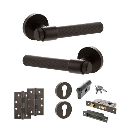 Senza Pari Fasana Door Handle Pack (Euro Lock Set - 2.5" CE Sashlock, 4" Slim Knuckle Hinges x2) - Urban Dark Bronze